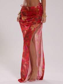 SHEIN BAE Women's Tie-Dye Printed Low-Waisted Drawstring Side Slit Swimsuit Wrap Skirt, Elegant Sexy, Spring/Summer New Arrival, Tulle Wraps, Holiday Clothes, Vacation Outfits Woman, Festival