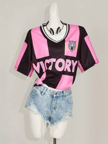 SHEIN ICON Ribbed V-Neck Dropped Shoulder Loose Fit Casual Dress - Pink - View 1