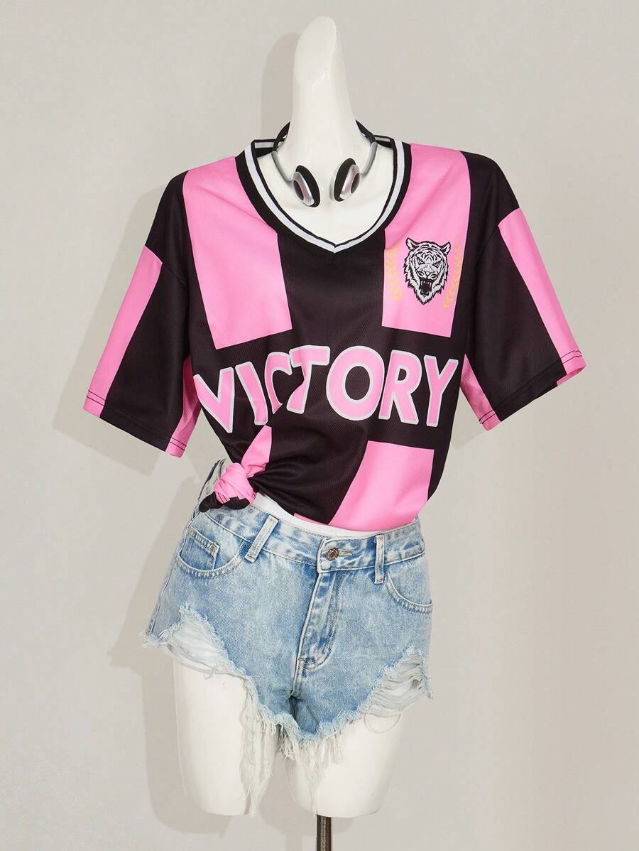 SHEIN ICON Ribbed V-Neck Dropped Shoulder Loose Fit Casual Dress - Pink - View 1