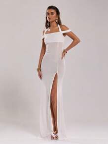 SHEIN BAE Women Open Shoulder Solid Color Side Slit Hem Sexy Cover-Up Dress - White - View 3