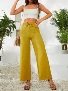 EURMUSE Solid Slant Pocket Wide Leg Trousers - Olive Green - View 4