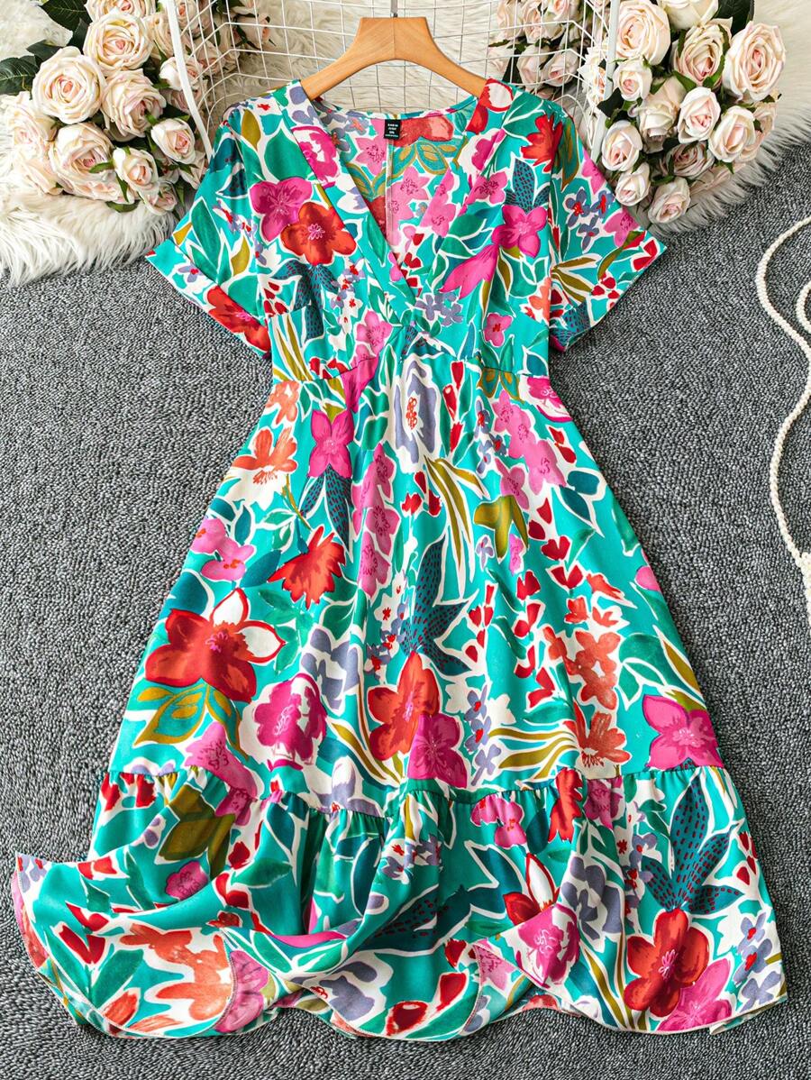 SHEIN LUNE Đầm đi biển họa tiết hoa tay ngắn cho nữ cỡ lớn - Nhiều màu - Xem 1