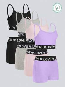 4 件套 女童心形印花弹力腰背心和短裤内衣套装 - 彩色 - 查看 6