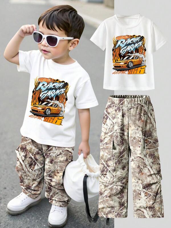 Young Boy Car Letter Print Short Sleeve T-Shirt And Botanical Print Shorts Casual Outfit