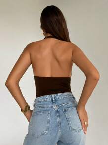 Aloruh Women's Solid Color Pleated Form-Fitting Halter Neck Knit Camisole,Rave Top - Coffee Brown - View 2