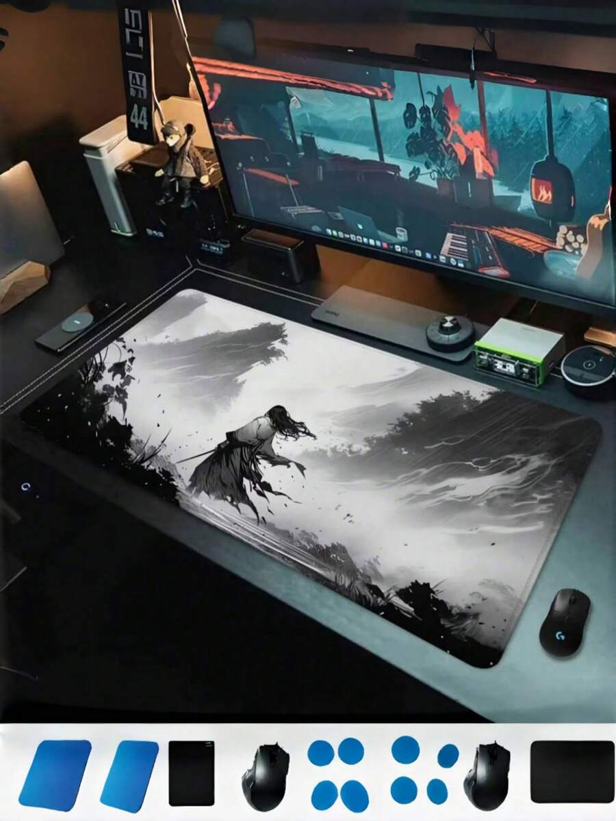 SHEIN 1 件武士游戏配件桌垫鼠标垫动漫鼠标垫电脑桌大垫子游戏玩家办公室设置鼠标返校 - 黑色 - 查看 1