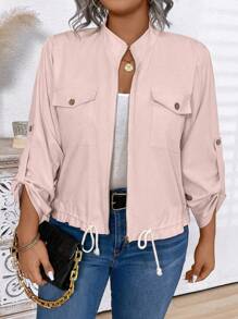 Plus Size Spring & Autumn Casual Solid Color Drawstring Hem Jacket Fall Winter Cloth For Women - Baby Pink - View 4