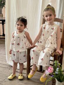 LMoss Kids LMoss  2pcs Set Young Girl Ditsy Floral Round Neck Ruffle Trim Tank Top And Loose Casual Pants Sisters Outfit,Suitable For Spring And Summer - Multicolor - View 2