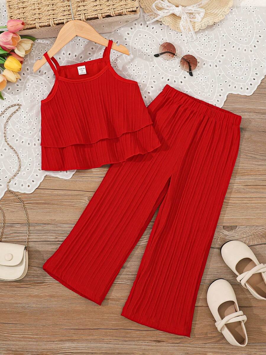 SHEIN 2pcs/Set Young Girl' Fashionable & Comfy Ruffle Strap Top And Pants Set, Suitable For Summer Vacation - Red - View 1