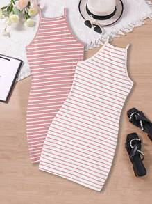 SHEIN Explorewe فستان مجموعة بدون أكمام عادي مقلم للفتيات المراهقات