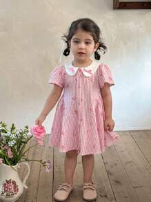 LMoss Kids LMoss  Baby Girl Woven Striped Bow Decor Casual Dress Sisters Outfit,Suitable For Spring And Summer Spring And Summer Spring Dresses For Girls Baby Spring Dress Baby Girl Cute Dress Toddler Spring Dresses  Suitable For Spring And Summer - Pink - View 4