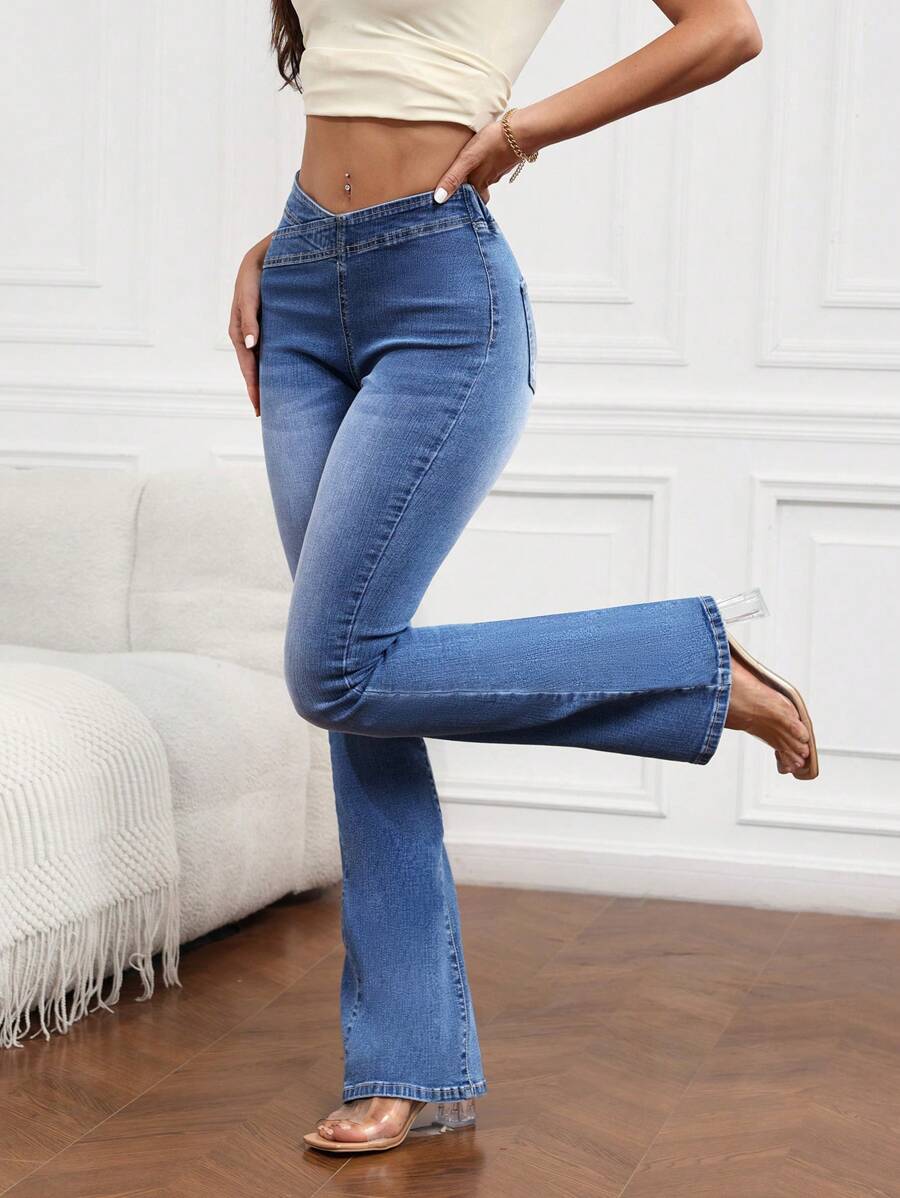 SHEIN Tall 不对称腰线喇叭休闲百搭女式牛仔裤 - 藍色 - 查看 1