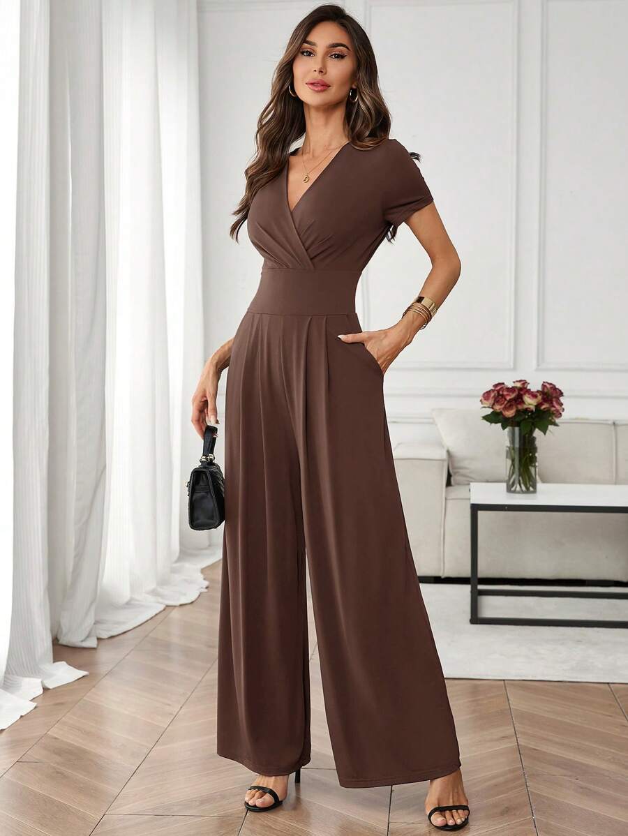 SHEIN Clasi 女式简约优雅纯色连体裤，带侧袋，夏季 - 棕色 - 查看 1