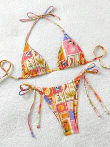 Soleia 2pcs Women Tropical Fruit Print Tie-Up Bikini Set For Vacation Summer - Multicolor - View 5
