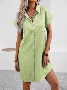 SHEIN LUNE Abito camicia casual da donna con tasca, a maniche corte, a tinta unita, con una fila di bottoni