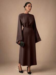 EURMUSE Elegante vestito monocromatico con maniche a campana adatto per l'ufficio - Castano - Visualizzare 7