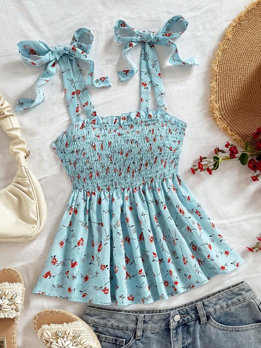 SHEIN WYWH Women Summer Vacation Blue Allover Floral Print Tie Shoulder Ruffle Hem Peplum Cute Lunch Casual Back To School Top