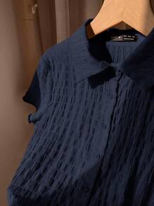 Comfortcana 女士单排扣海军蓝皱褶雪纺短袖衬衫