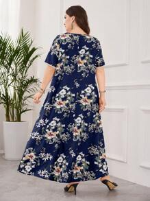 Lacomfia 花卉印花荷叶边宽松休闲短袖连衣裙，大码，春夏 - 彩色 - 查看 2