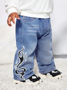 SHEIN Pantalones vaqueros casuales de vestir holgados con estampado de llama y letras para bebé niño - Lavado ligero - Ver 8