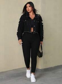 SHEIN ICON Plus Size Casual Everyday Distressed Fringe Front Button Denim Jacket - Black - View 6
