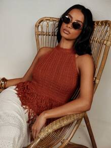 COSMINA Women Solid Color Backless Fringe Hem Knit Camisole Top