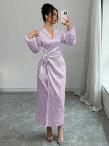 Modelyn Women's Light Purple Leopard Print Satin Jacquard Surplice Wrap Front Tie Waist Bodycon Long Sleeve Dress