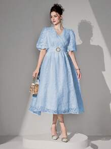 Poshira Batik Print Cross V-Neck Cinched Waist Midi A-Line Dress For Women