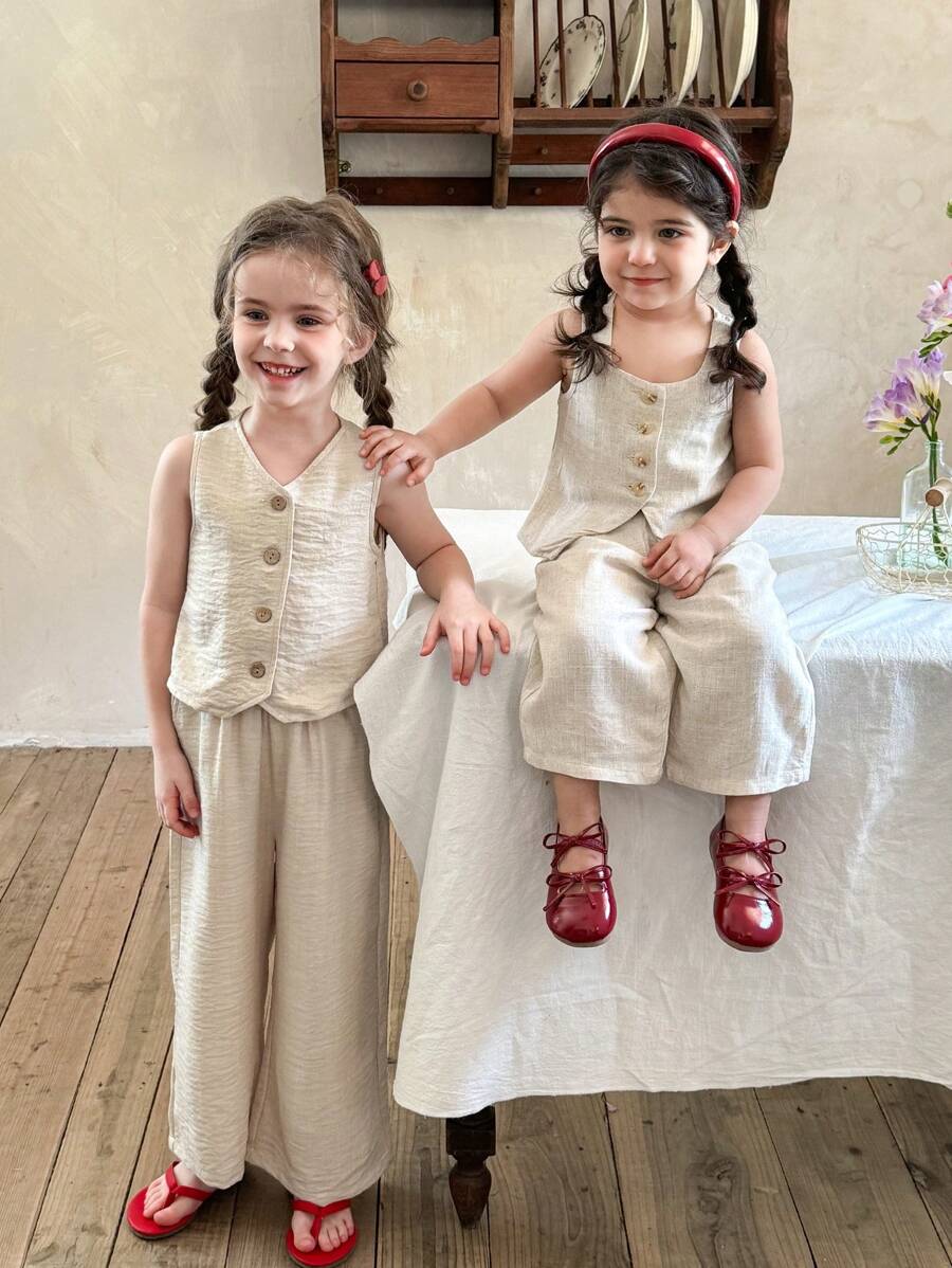 LMoss Kids LMoss 2pcs Baby Girl Set:Beige Summer Modest Cocktail Woven Solid Square Neck Top + Loose Casual Long Pants Sisters Cute Matching Outfit For Girls - White - View 1