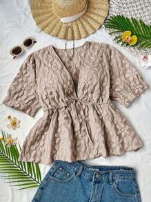 Flirla Plus Size Women Floral Jacquard Short Sleeve Fashionable Blouse - Khaki - View 1