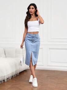 SHEIN Tall Jupe évasée en jean casual pour femmes avec poches et fente sur le côté