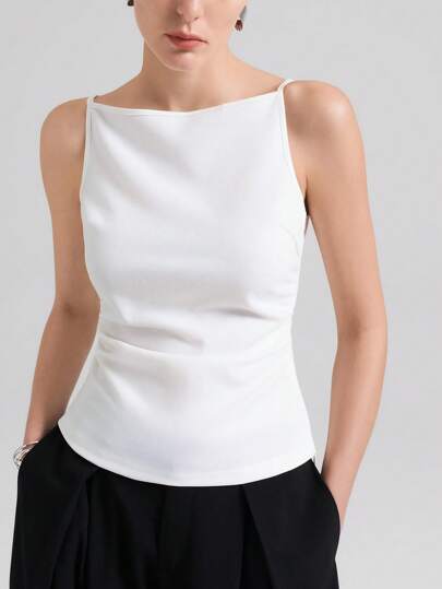 Ontre 2026 New Versatile Business Casual Women's Sleeveless Top, Adjustable Strap, Minimalist Solid White Color, Suitable For Teachers, Business, Casual Wear, Breakfast, Daily Modern Urban Casual Fashion Business Casual Women's Office Wear Low-Key Old Money Style Effortless Temperament High-End Urban Commuting High-Quality Airport Women's Wear High-End Material