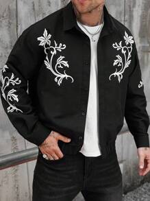Manfinity Homme Men Floral Print Long Sleeve Single-Breasted Casual Jacket , Men Graphic Jackets , Jackets For Men Fashion - Black - View 5