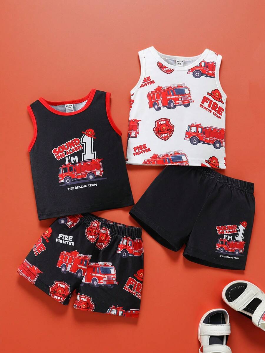 SHEIN 2pcs/Set Baby Boys' Popular Car Pattern Tank Top And Shorts Summer Sports Outfits