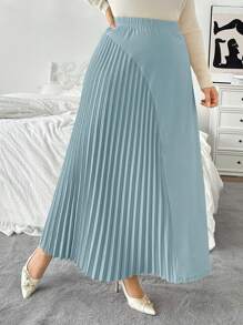 SHEIN Privé Plus Size Women Casual Elastic Waist Asymmetric Hem Pleated Patchwork Flowy Loose Long Skirt, Commute & Elegant - Dusty Blue - View 1