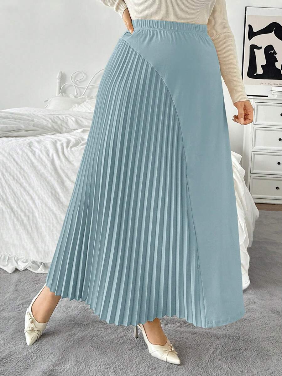 SHEIN Privé Plus Size Women Casual Elastic Waist Asymmetric Hem Pleated Patchwork Flowy Loose Long Skirt, Commute & Elegant - Dusty Blue - View 1