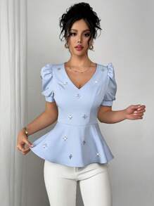 Gloray 新款浅蓝色女式水晶缀饰泡泡袖珍珠纽扣设计衬衫 - 藍色 - 查看 7