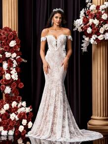 Glamrae White Spring Elegant Formal Wedding Mermaid Maxi Dress,Luxurious Embroidered Lace Applique Off-Shoulder Stretchy Backless Long Tail Bridal Bride Gala - Beige - View 5