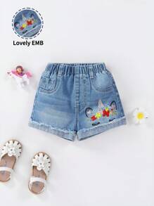Denimly Baby Girls Casual Urban Cute Light Wash Unicorn Floral Embroidered Denim Shorts With Elastic Waistband And Ruffle Hem - Light Wash - View 1