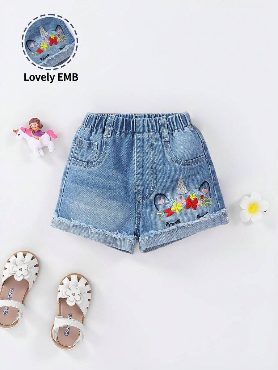 Denimly Baby Girls Casual Urban Cute Light Wash Unicorn Floral Embroidered Denim Shorts With Elastic Waistband And Ruffle Hem - Light Wash - View 1