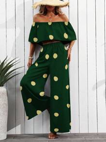 SHEIN Clasi Off Shoulder Polka Dot Print 2 Pieces Set (Asymmetric Cut Pattern) - Dark Green - View 6