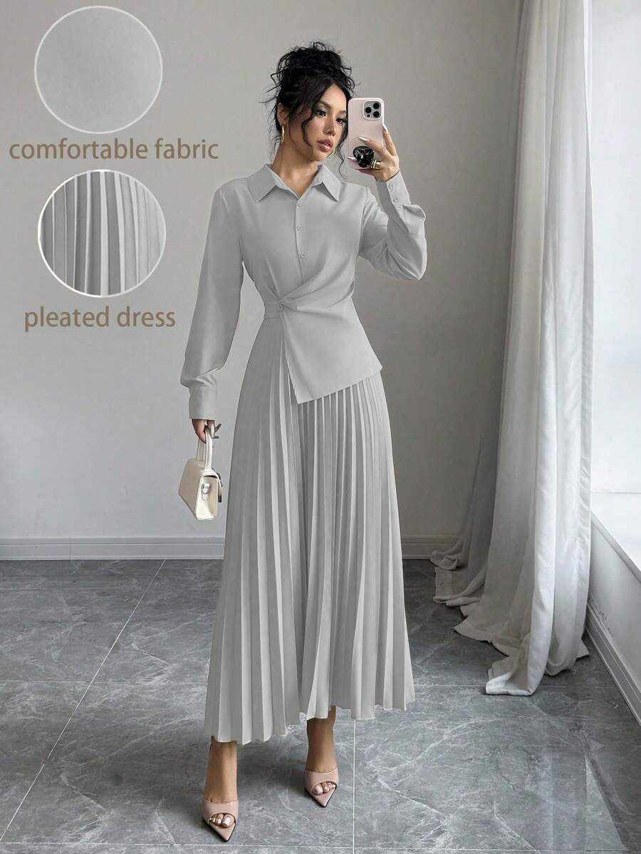Elenzga 女士休闲纯色优雅褶皱腰中长连衣裙，秋季长款女装 - 淺灰色 - 查看 1