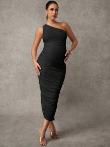 MaterniChic Rochie elegantă de maternitate pentru femei însărcinate, culoare solidă, fără mâneci, cu pliuri, ajustabilă