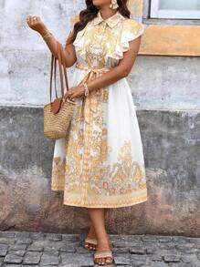 SHEIN VCAY Vestido casual de vacaciones con estampado floral retro, volante en el bajo, para mujer de talla grande. Vestidos de verano con estampados para outfits de Nashville, outfits de primavera para mujer, outfits de Pascua, outfits de festival, outfits de rave, outfits elegantes de vacaciones, outfits casuales bohemios para graduación o almuerzo, vestidos de invitada de boda, outfits de concierto de música country o de playa. - Multicolor - Ver 4
