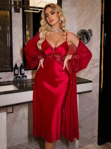 Elegant Satin Lace Long Robe Nightgown Pajama Set For Women, Girl Style