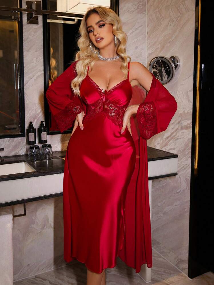 SilkySpell Élégant ensemble de pyjama robe de chambre longue en satin et dentelle pour femmes, style fille