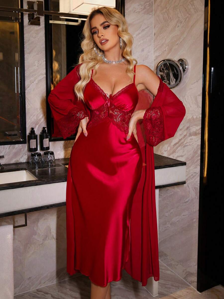 Elegant Satin Lace Long Robe Nightgown Pajama Set For Women, Girl Style