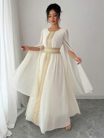 Rafferiza 女式优雅开叉袖闪亮花朵蕾丝花边系腰连衣裙