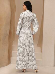 Graceveil 女式雪纺花卉印花立领灯笼袖腰部交叉设计阿拉伯风格连衣裙，端庄 - 灰色 - 查看 2