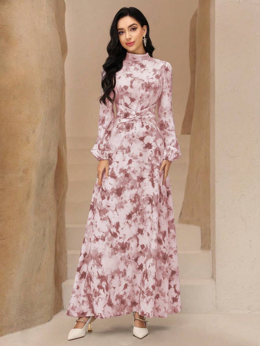 Graceveil Damklänning i chiffong med blommönster och ståkrage, lanternärm och midja i arabisk stil, enkla - Rosa - Visa 1